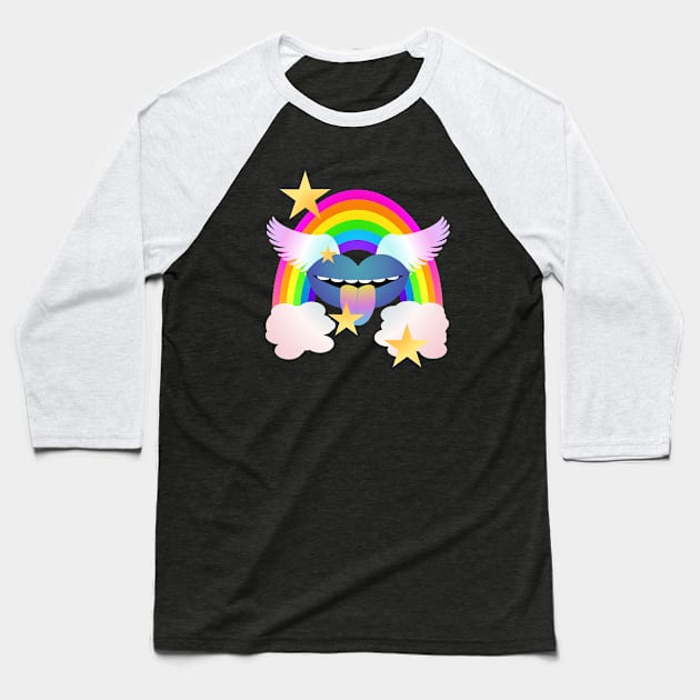 Groovy Winged Lips, Rainbow & Stars - BLUE Baseball T-Shirt by RawSunArt